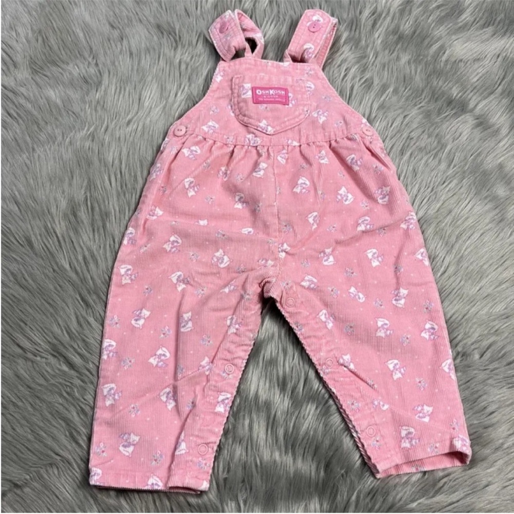 Vintage Oshkosh Bgosh Baby Girls Pink Corduroy Kitty Cat Overalls